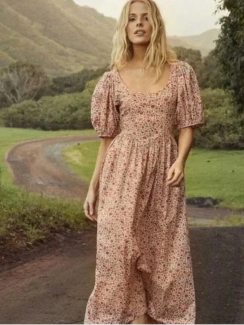 Doen Abrielle Liberty Floral Puff-Sleeve Dress in Coral Poppy